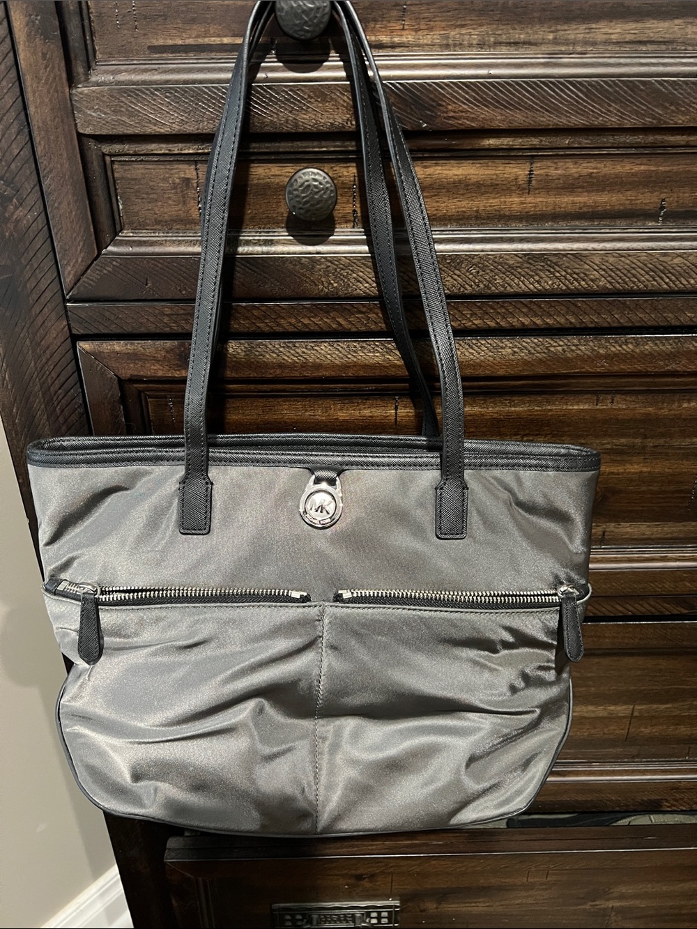 Michael Kors Silver-Gray Nylon Tote with Front Zip Pockets